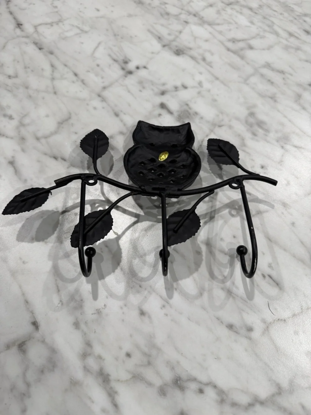 Black Owl Cast Iron Wall Hook Rack - Decorative 3-Hook Coat Hanger